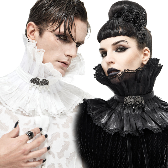 Strict Devil Fashion unisex ruff / Spanish collar (AS076) made of silky shiny crinkle satin with large beaded brooch at the neck in the colour variations white or black.