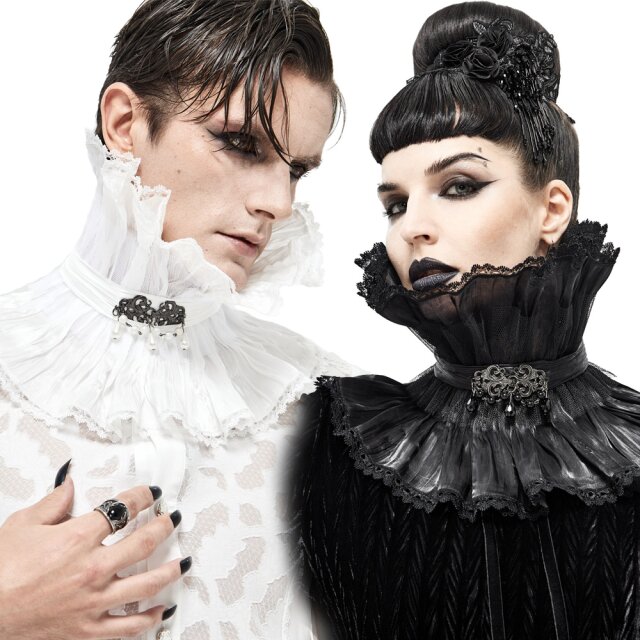 Strenge Devil Fashion Unisex Halskrause / spanischer Kragen (AS076) aus seidig-glänzendem Knittersatin mit großer Perlenbesetzter Brosche am Hals in den Farb-Varianten weiß oder schwarz.