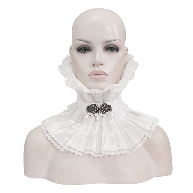 Strenge Devil Fashion Unisex Halskrause / spanischer Kragen (AS076) aus seidig-glänzendem Knittersatin mit großer Perlenbesetzter Brosche am Hals in den Farb-Varianten weiß oder schwarz.