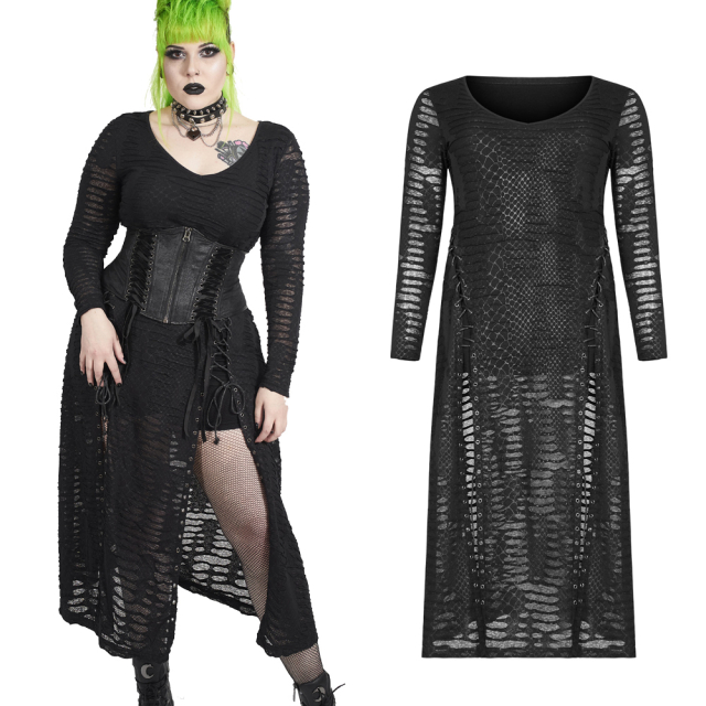 Long, straight dress (DQ-510LQF BK) in destroyed look from the PUNK RAVE Plus Size collection with all-over print in snakeskin look and hip-high slits at the front that can be laced up.