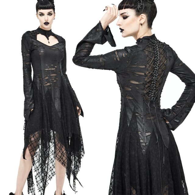 Langes Devil Fashion Zipfelkleid (SKT122) mit ausgestelltem Rock aus seidenmatt-glänzendem, zerrissenem Reptilien-Leder-Imitat mit abgefahrener Wirbelsäule aus schwarzen Kettengliedern.
