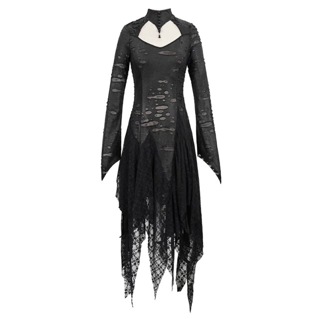 Langes Fetzenkleid Gothic Spine mit Zipfeln und Wirbelsäule M-L