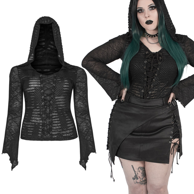 Thin long-sleeved rag shirt (DT666TCF) from the PUNK RAVE Plus Size collection with big hood, print in snakeskin-look and lacing at the front.