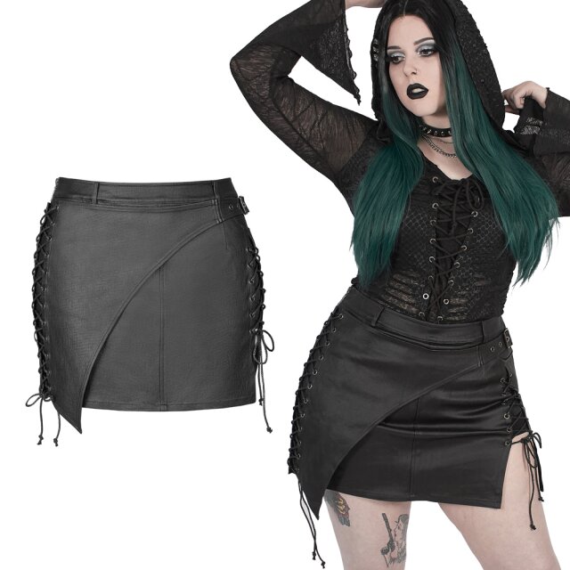 Superelastischer schwarzer Punk Rave Plus Size Gothic Minirock Paranoid (DQ-532BQF) in Lederoptik mit auffälliger Schnürung