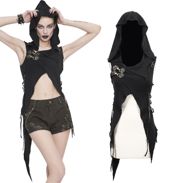 Abgefahrene ausgefranste Zipfel-Weste (SR005) aus leichtem Baumwollstrick von DEVIL FASHION im Endzeit-Fetzenlook mit Kapuze, Schnallen und Schnürungen