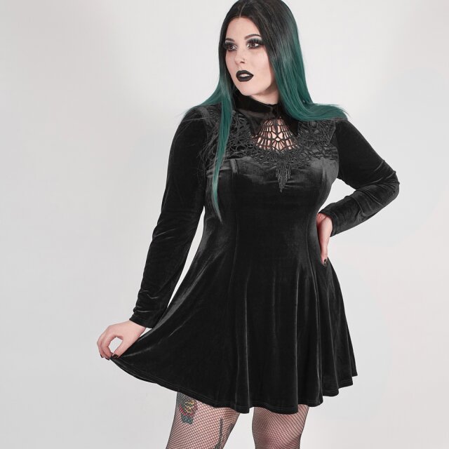 PUNK RAVE Velvet Mini Dress Black Tears with Lace Neckline