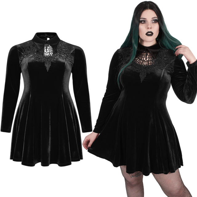 Black A-line long sleeve velvet mini dress (DQ-509LQF BK) from the PUNK RAVE plus size collection with large crochet lace appliqué and shirt collar