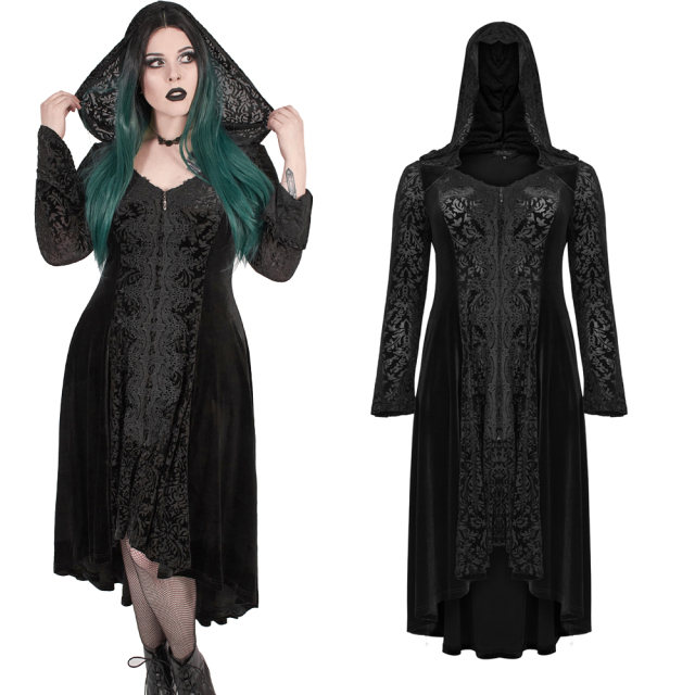 Lightweight long-sleeved gothic coat (DY-1296XCF) from the PUNK RAVE plus size collection with lace and tendril pattern to create dark-romantic charm.