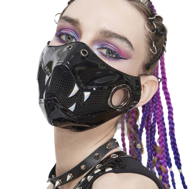 Devil Fashion Mund-Nasen-Maske aus glänzendem schwarzen Lack mit silber-glänzenden, aufgenähten Fangzähnen.