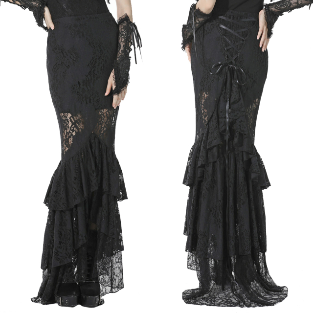 Dark romantic Dark In Love gothic mermaid skirt (KW198) with flounces, floor-length train and cheeky lacing over the bottom.
