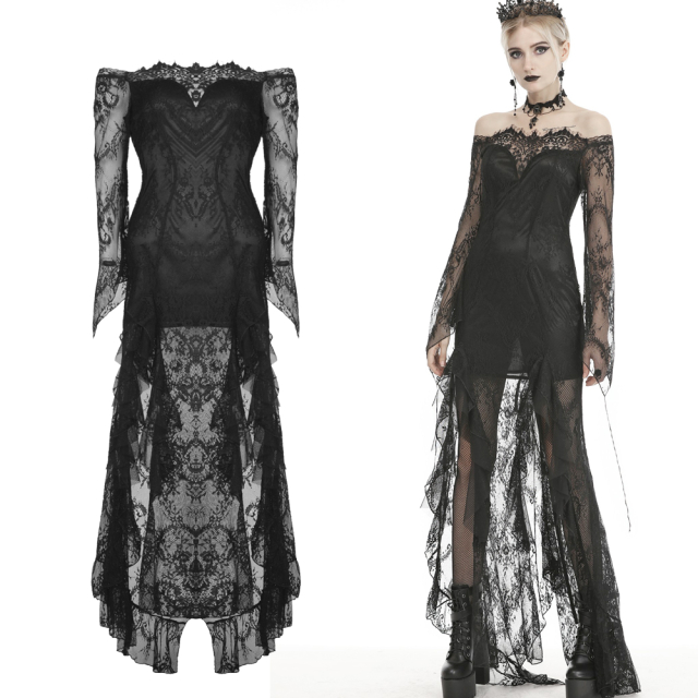 Floor-length, off-the-shoulder Dark In Love lace dress (DW460) with high slits at the front, flounces and seductive lacing at the back