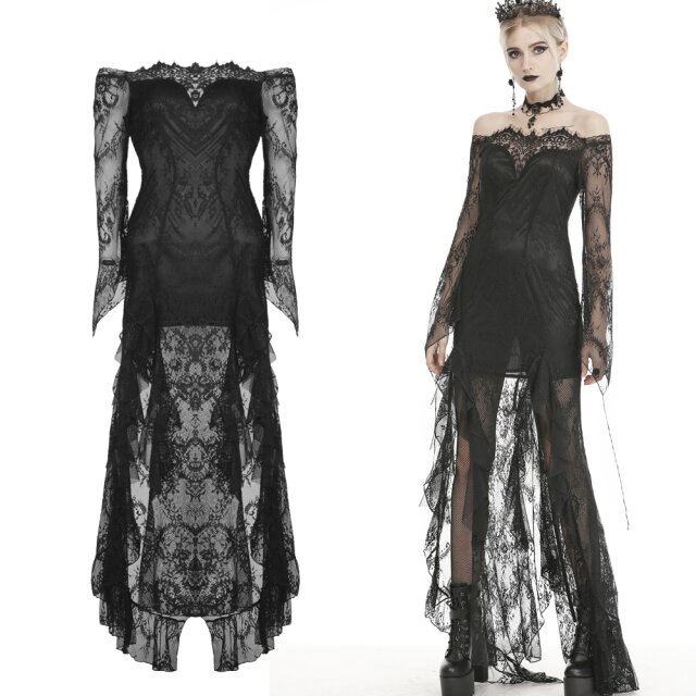 Bodenlanges, schulterfreies Dark In Love Spitzenkleid (DW460) mit hohen Schlitzen vorne, Volants und verführerischer Schnürung hinten