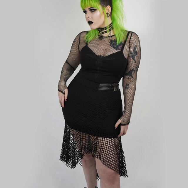 PUNK RAVE hautenger Minirock Blasphemie mit Midi-Überrock aus grobem Netz 46 (XL)