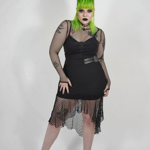 PUNK RAVE hautenger Minirock Blasphemie mit Midi-Überrock aus grobem Netz 46 (XL)