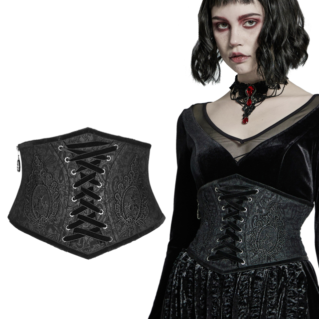 PUNK RAVE Gothic corsage belt (WS-428BK) with brocade pattern by Punk Rave with two lace ornaments and decorative lacing at the front.