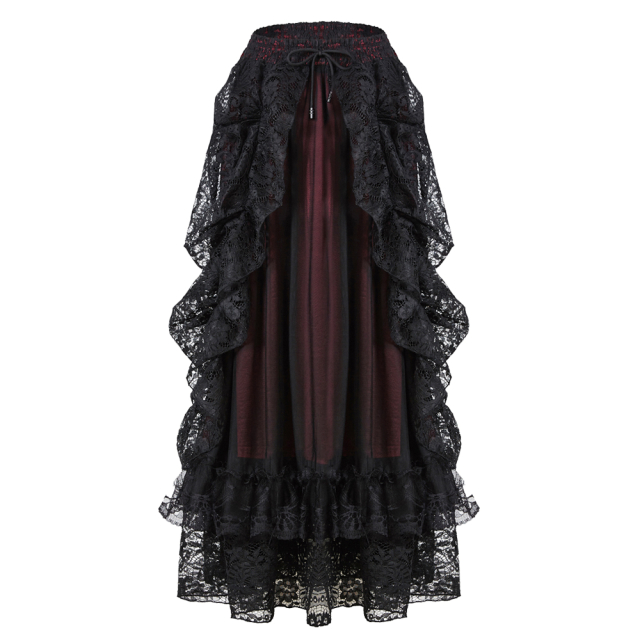 Weiter, langer Gothic-Rock (KW123 BK & KW123 RD) von Dark in Love mit viktorianischem Charme mit Volants und Überrock aus Spitze in uni-schwarz oder schwarz-rot