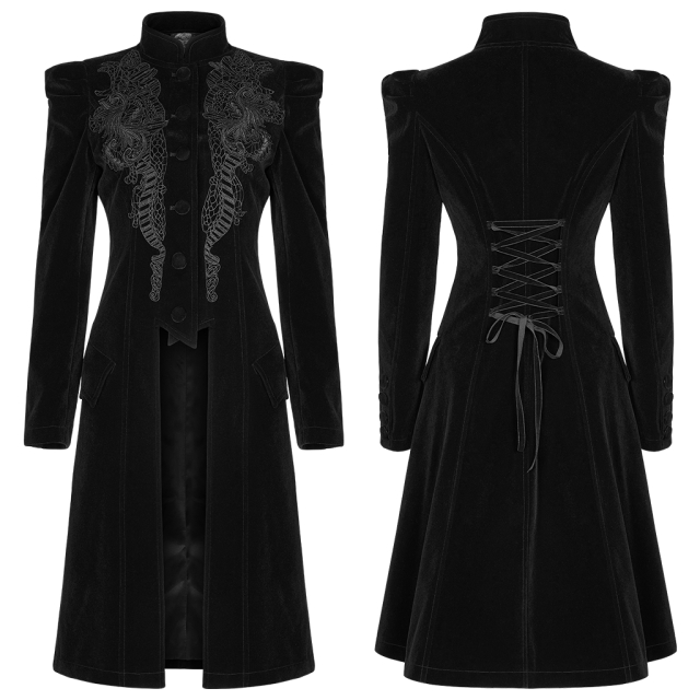 Dark romantic PUNK RAVE gothic coat (WY-1306BK & WY-1306RD) made of red or black velvet with big lace application in the front.