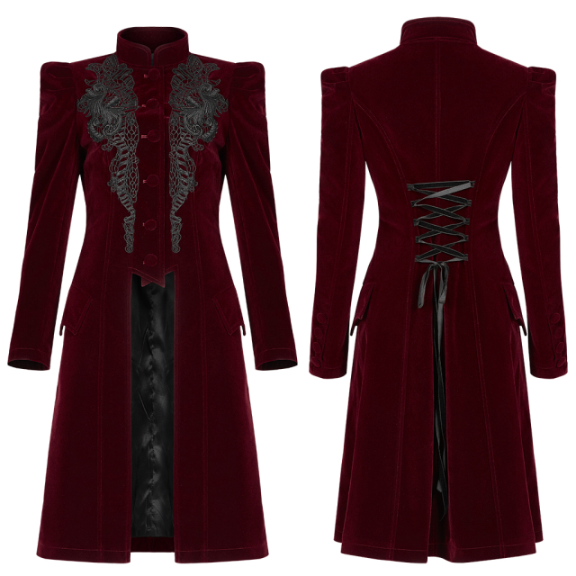 Dunkelromantischer PUNK RAVE Gothic-Mantel (WY-1306BK & WY-1306RD) aus rotem oder schwarzem Samt mit großer Spitzenapplikation vorne
