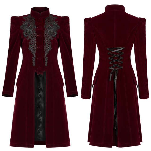 Dark romantic PUNK RAVE gothic coat (WY-1306BK & WY-1306RD) made of red or black velvet with big lace application in the front.