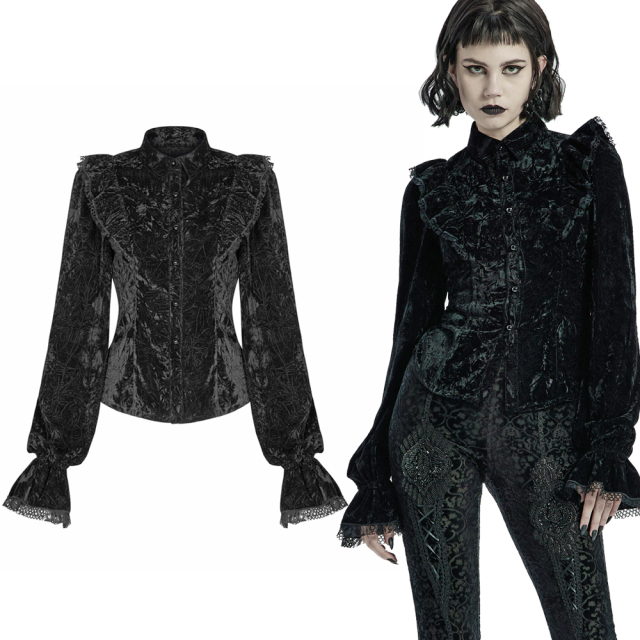Romantic PUNK RAVE gothic blouse (WY-1305BK) in black velvet with ruffles, wide balloon sleeves with discreet trumpet trim.