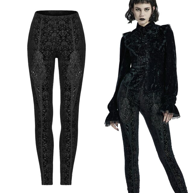 PUNK RAVE Leggings (WK-464BK) aus Burn-Out-Samt mit Perlen-besetzten Spitzen-Applikationen auf den Oberschenkeln