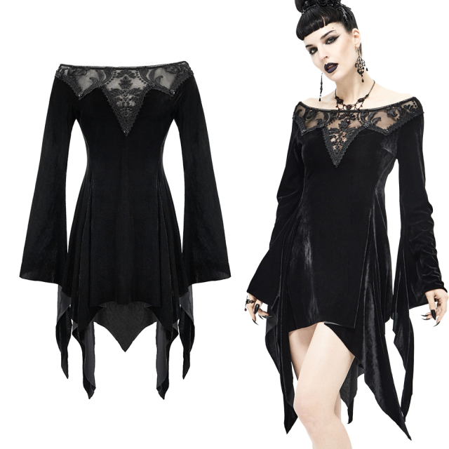 Off-the-shoulder long-sleeved Devil Fashion pointed dress / long top (SKT121) in velvet with flocked mesh insert at the neckline and decorative buttons in the shape of rose petals.