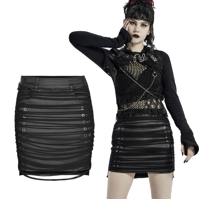 Ultra short Punk Rave Gothic mini skirt (WQ-535BK) in leather optics, front with attached crosswise jersey shreds