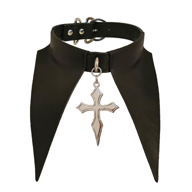 KILLSTAR Cathedral Choker - Kunstleder-Halsband in Form eines spitzen Hemdkragens mit großem silberfarbenem Kreuz-Anhänger