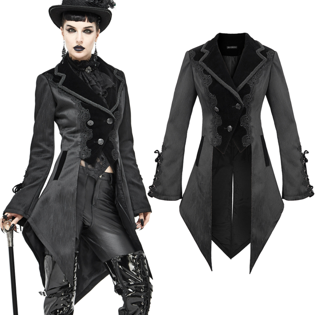 Devil Fashion viktorianischer Damen-Gehrock (CT17101) mit Westen-förmigem Samteinsatz vorne, großem Revers und langen Frackschößen