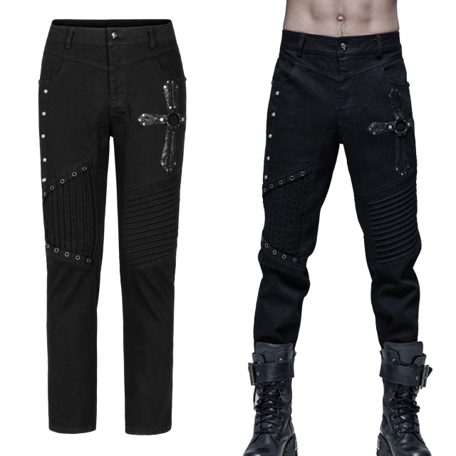 Tiefschwarze PUNK RAVE Gothic-Stretch-Jeans (WK-477) mit Nieten, Querabnähern und Kreuz-förmige Applikation aus Kunstleder mit O-Ring