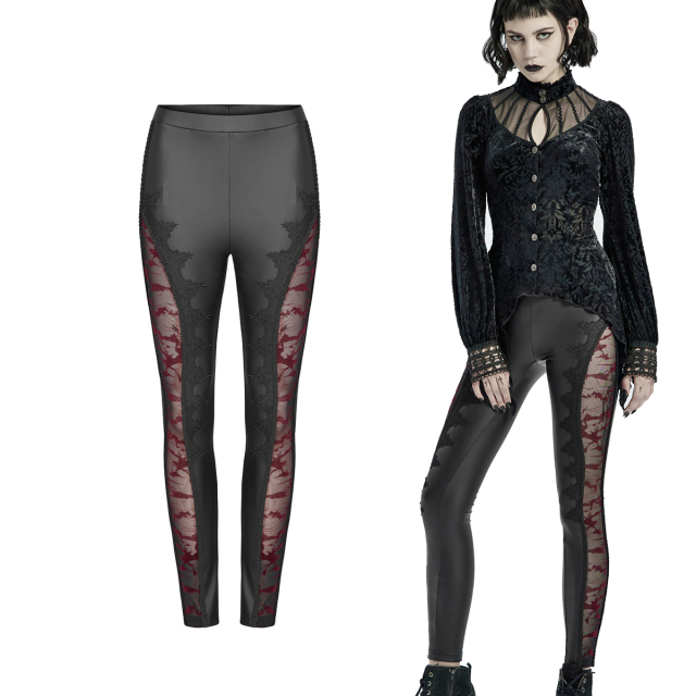 PUNK RAVE wetlook leggings (WK-463BK-RD) with side mesh insert with blood-red spot pattern made of velvety flock, edged with a romantic lace border.