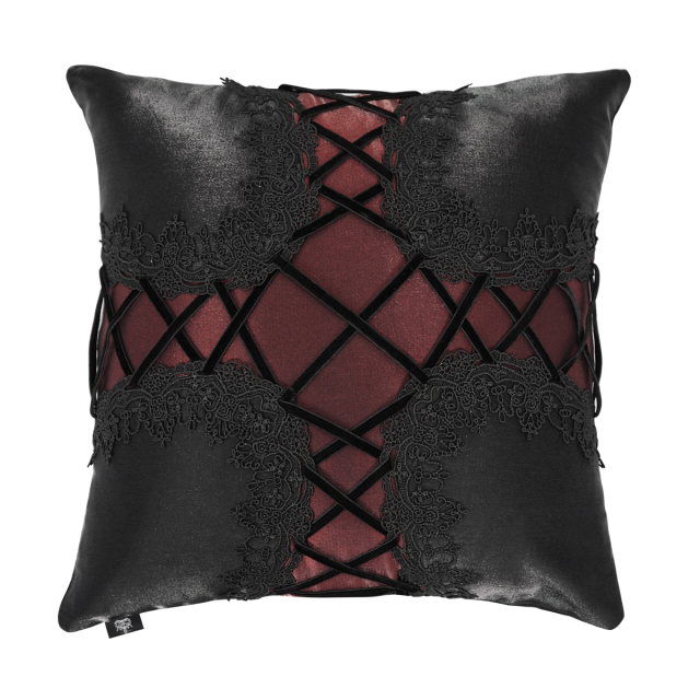 Devil fashion sofa pillow cover in shiny black satin with lace trim and decorative lacing over a blood cross shaped red panel.