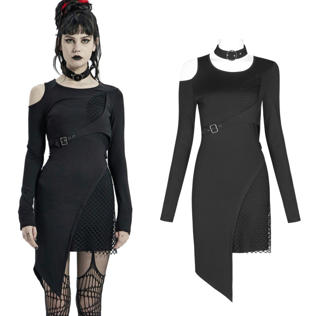 PUNK RAVE jersey dress in wrap-look (WQ-533BK) with long sleeves, fishnet details and separate collar