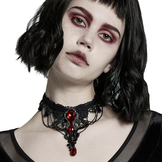 PUNK RAVE choker (WS-469LHF BK-RD) made of black lace with large appliqué with red stones in drop shape in a frame set with black rhinestones