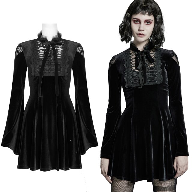 PUNK RAVE velvet skater style mini dress (WQ-516LQF BK) with cute rectangular lace insert with ruffles and rose buttons at the front and flared funnel sleeves.