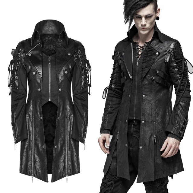Verwegen verführerischer PUNK RAVE Kurzmantel (Y-349) in schwarzer Used-Optik und leichtem Velour-Material.