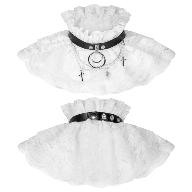 Weißer Rüschenkragen Monsta Bella mit schwarzem Lederhalsband und O-Ring