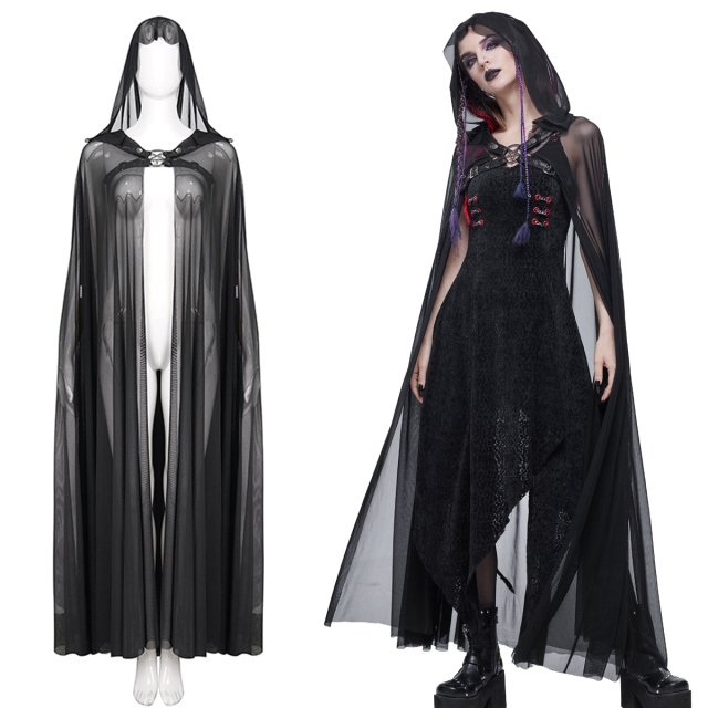 DEVIL FASHION long, semi-transparent hooded cape with upper body harness with large pentagram to close on the décolleté