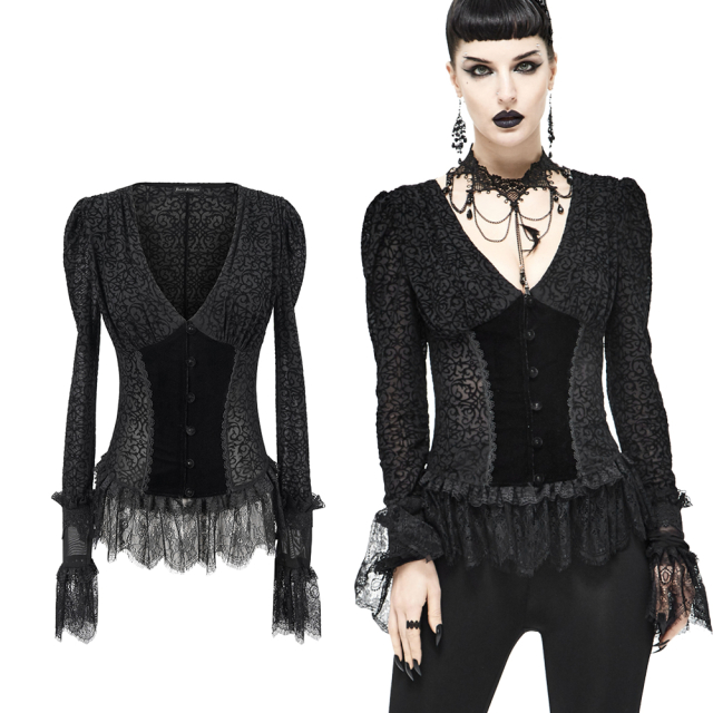 Devil Fashion Gothic-Bluse (SHT056) aus Burn-Out-Samt mit Spitzenschößchen, atemberaubenden Borten-besetzten Spitzenmanschetten mit Trompetenabschluss und verführerisch tiefem V-Ausschnitt.
