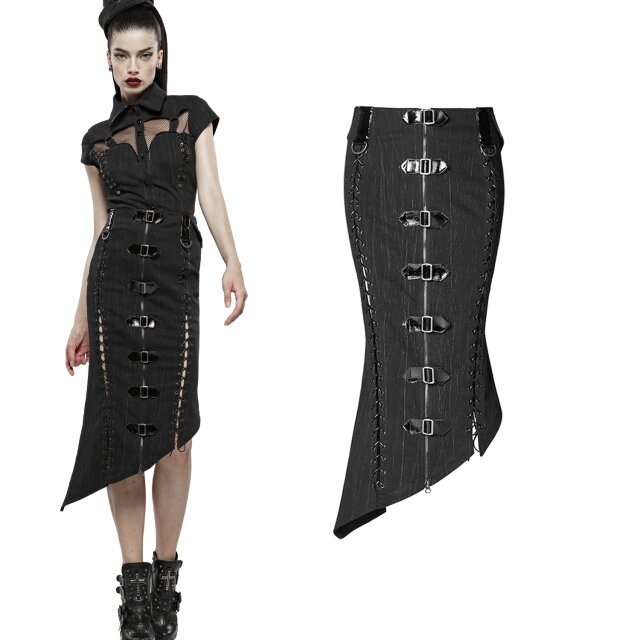 Super elastic PUNK RAVE denim midi skirt (WQ-454BK) in uniform style with asymmetrical hem, vinyl details, full-length zipper and front lacing