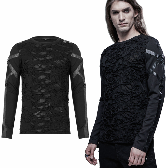 PUNK RAVE longsleeve shirt (WT-683TCM BK) with faux leather straps on the sleeves in bondage look and front in shredded destroyed material
