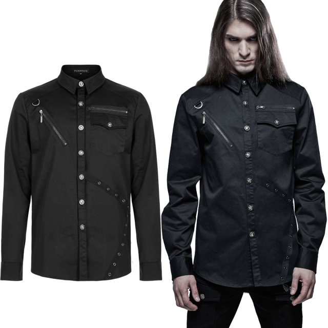 PUNK RAVE gothic shirt (WY-1338BK) with decorative straps and eyelets, breast pocket and decorative zips.