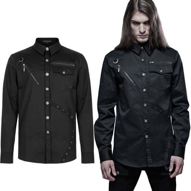 Geradliniges PUNK RAVE Gothic-Hemd (WY-1338BK) mit Deko-Riemen und Ösen, Brusttasche und Zierreißverschlüssen