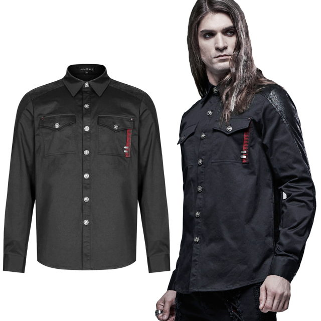 PUNK RAVE Gothic-Langarm-Hemd (WY-1342CCM BK) im Cyber-Uniform-Look mit Rückenpartie aus weichem Velours in einer Used-Leder-Optik