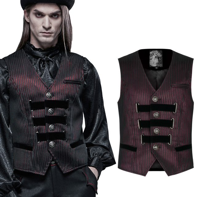 Majestic Victorian-style waistcoat (WY-1318BK-RD) striped lengthwise in dark red and black with wide black velvet cross-straps, artfully designed buttons and black velvet back with latch.