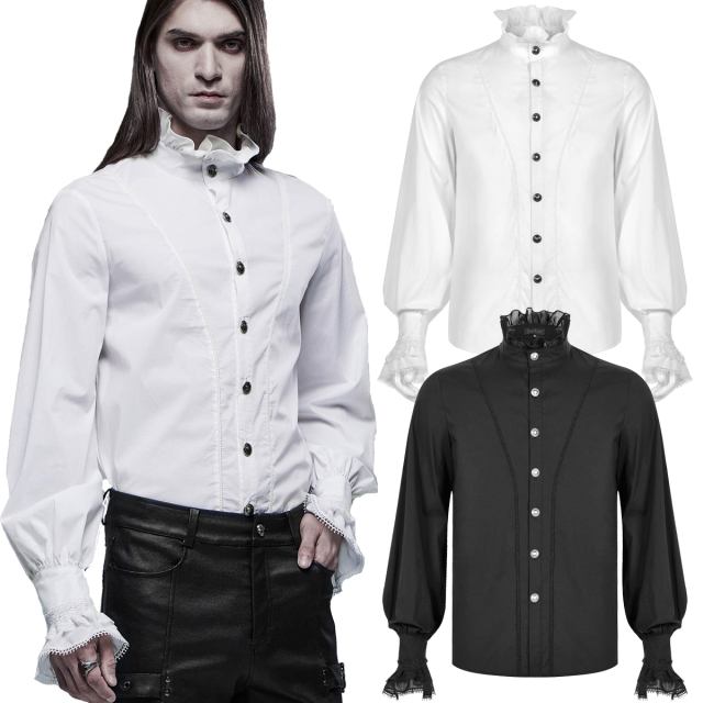 Elastic PUNK RAVE gothic shirt (WY-1320BK & WH) in black or white with ruffled stand-up collar, trumpet cuff with lace ruffle as well as discreet trim.