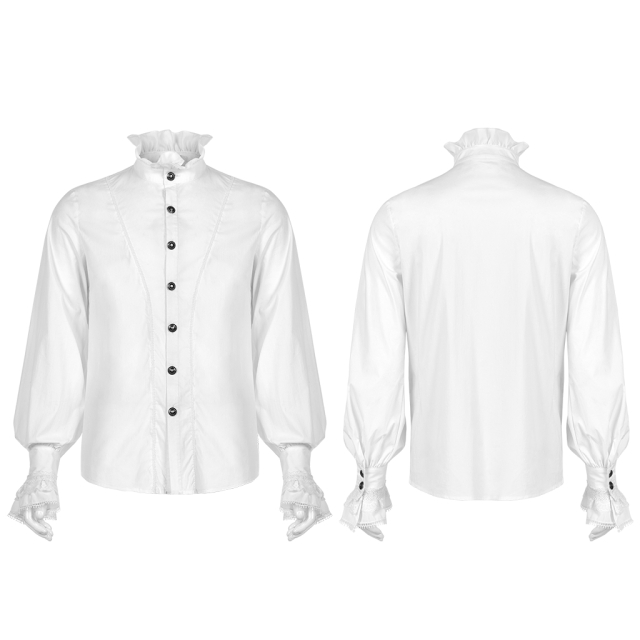 Elastisches PUNK RAVE Gothic-Hemd (WY-1320BK & WH) in schwarz oder weiß mit Rüschen-besetztem Stehkragen, Tromptenmanschette mit Spitzen-Rüsche sowie dezenten Borten