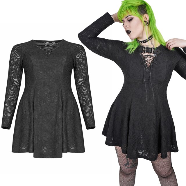 PUNK RAVE mini dress (DQ-526BK) in skater style from the plus size collection in cool wrinkle look, with long sleeves and sophisticated lacing and buckle at the neckline