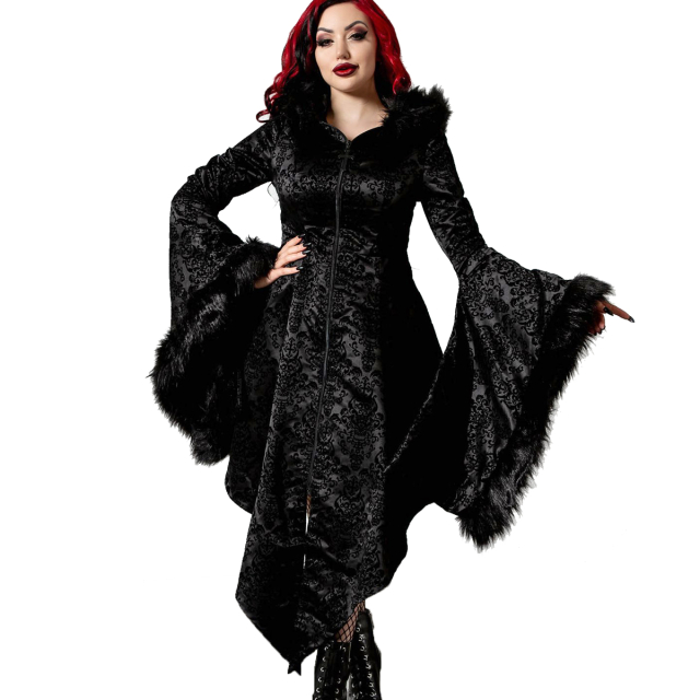 KILLSTAR Moonspell hooded coat made of silky shiny brocade in a refined cut shorter at the back than at the front with glamorous wide hanging sleeves with fake fur trimming