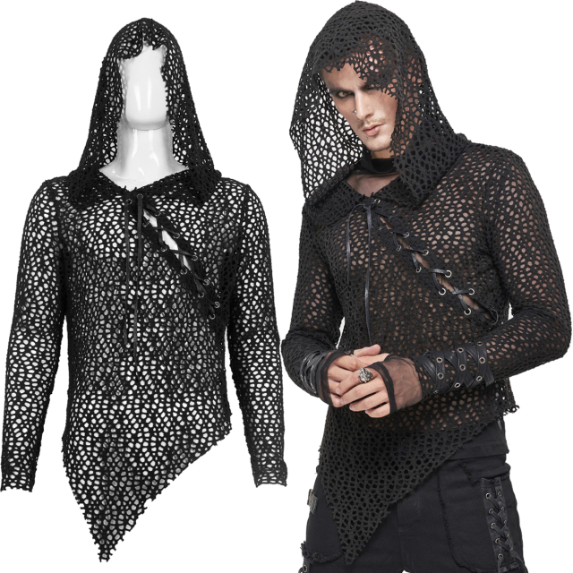 Devil Fashion long-sleeved fishnet shirt (TT186) in destroyed look with hood, decorative lacing across the chest and jagged hem.